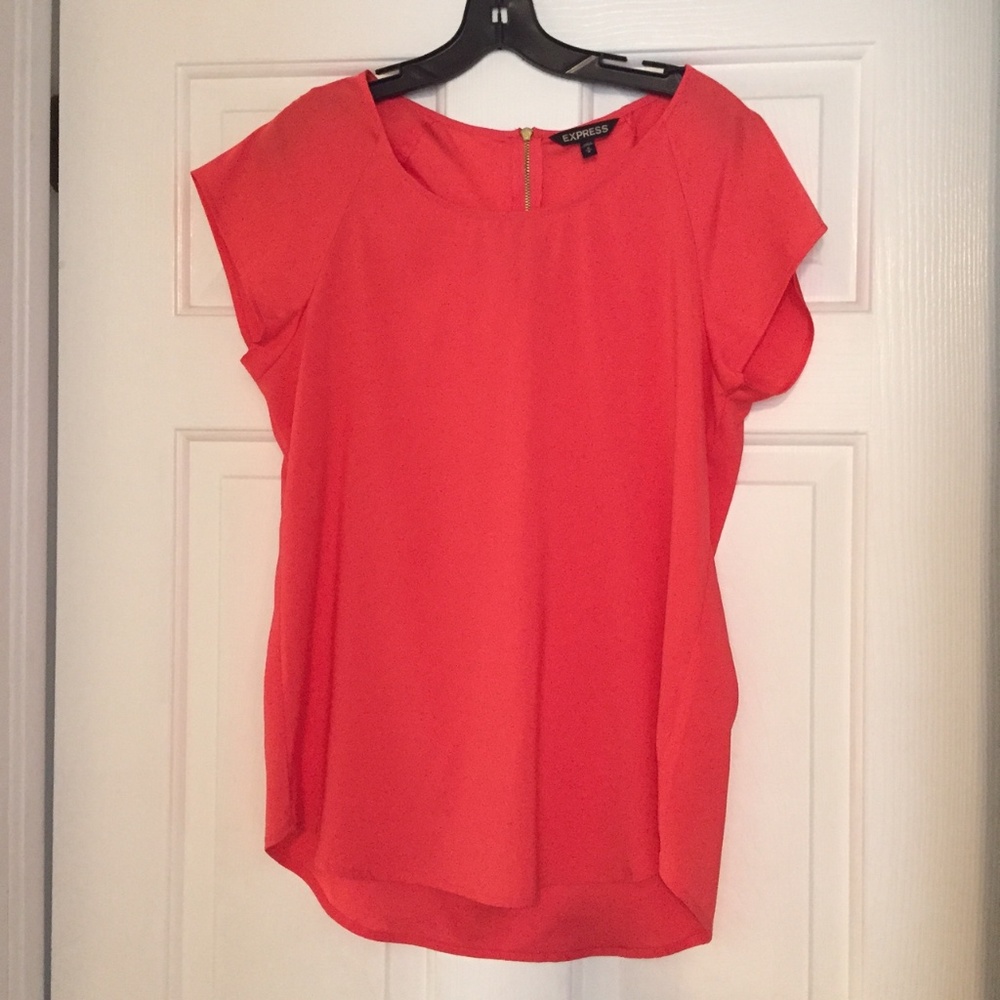 EXPRESS Silky Zip Back Short'Sleeve Blouse- Coral